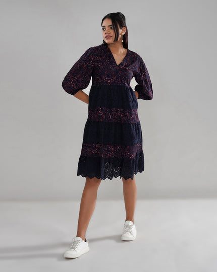 Schiffli Embroidered and Printed Rayon Tiered Midi Dress