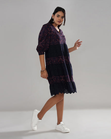 Schiffli Embroidered and Printed Rayon Tiered Midi Dress