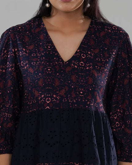 Schiffli Embroidered and Printed Rayon Tiered Midi Dress