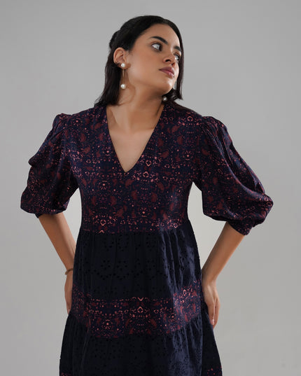 Schiffli Embroidered and Printed Rayon Tiered Midi Dress