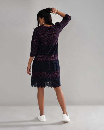Schiffli Embroidered and Printed Rayon Tiered Midi Dress
