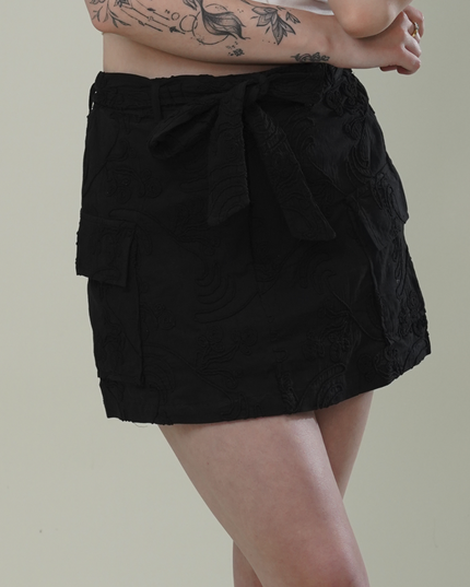 Black Dori Embroidered Cotton Flex Skirt with Utility Pockets & Waist Tie