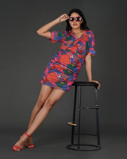Vibrant Abstract Dress with Gathered Slim Fit Details