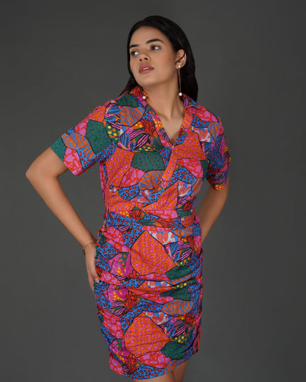 Vibrant Abstract Dress with Gathered Slim Fit Details