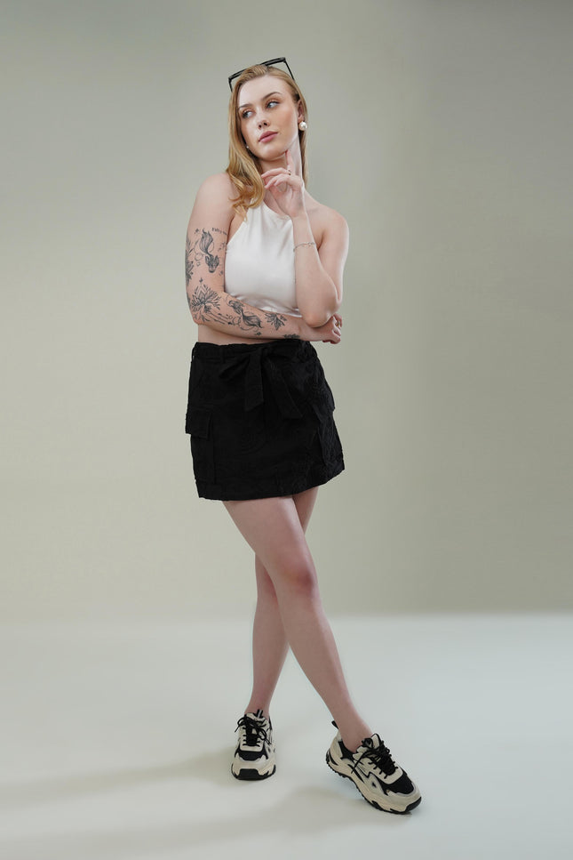 Black Dori Embroidered Cotton Flex Skirt with Utility Pockets & Waist Tie