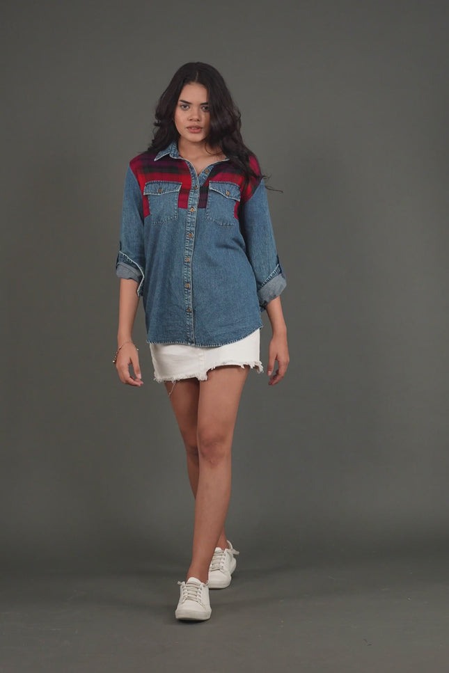 Checkered Yoke Denim Shirt with Roll-Up Sleeves
