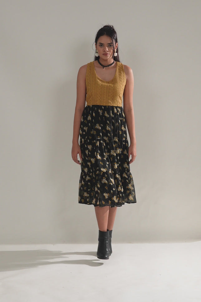 Mustard Crochet Bodice Dress with Floral Georgette Skirt