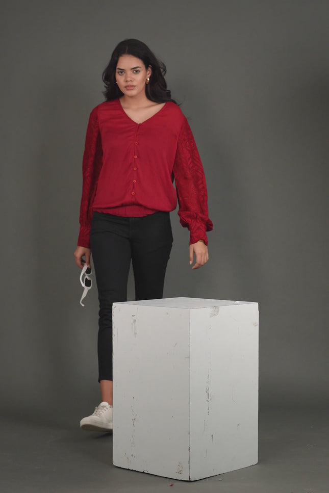 Embroidered Sleeves With Button-Down Viscose Georgette Top