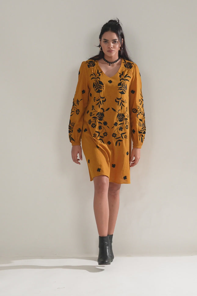 Mustard Embroidered Cotton Slub Dress with Balloon Sleeves
