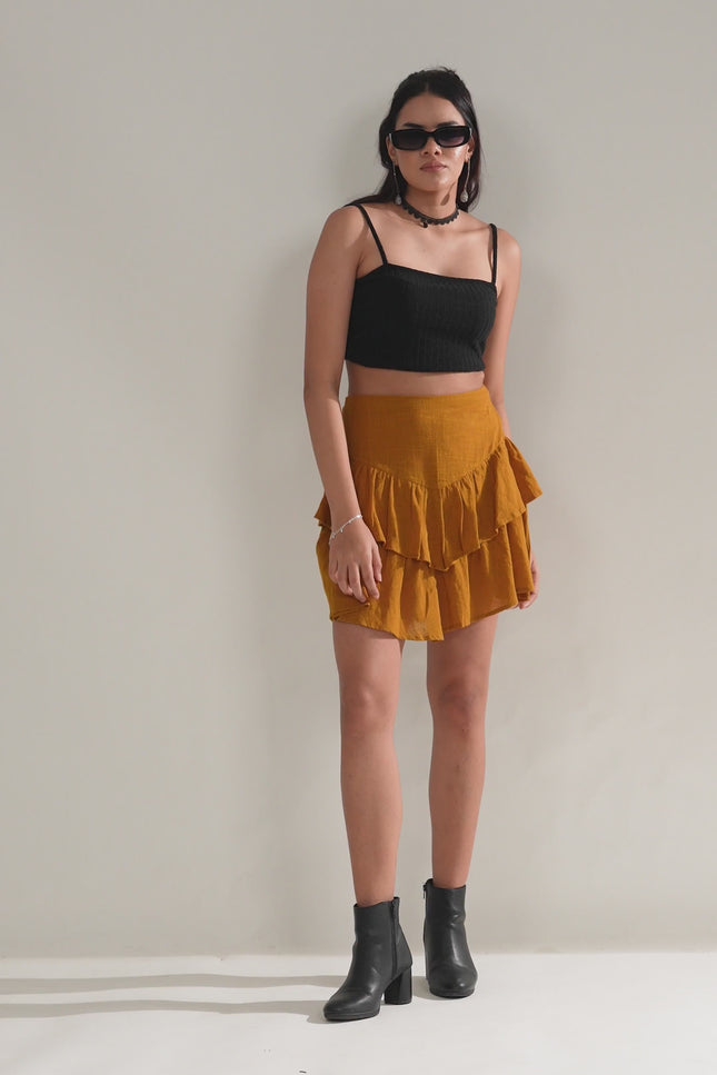 Asymmetrical Ruffle Cotton Slub Skirt in Mustard