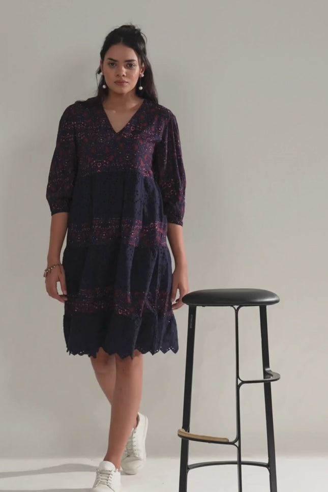 Schiffli Embroidered and Printed Rayon Tiered Midi Dress